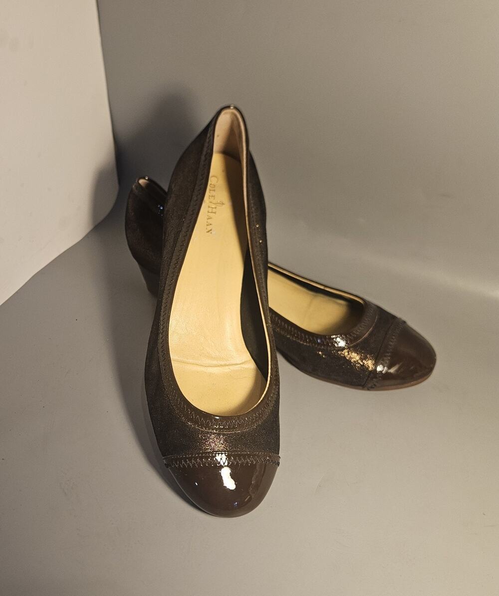 COLE HAAN Size 8 B Bronze Brown Cap Toe Ballet Wedge Heels Shoes Y2K, Comfort